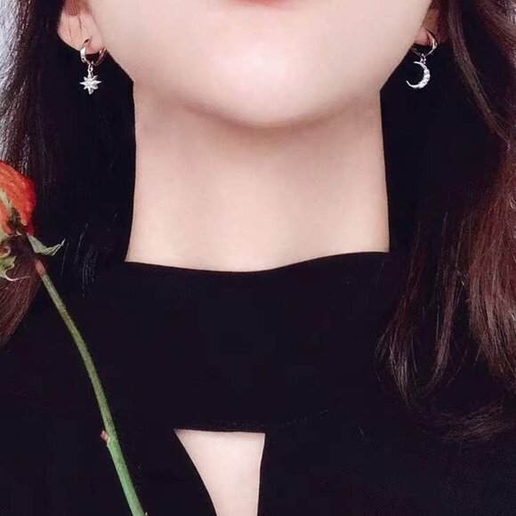 Hypoallergenic Mini Hoops with Asymmetrical Moon & Star - Elegant Silver Jewelry - Picture 3 of 6